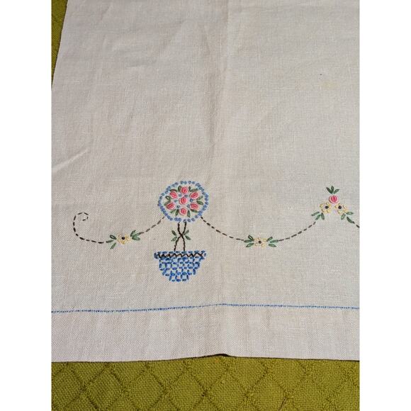 Vtg 1940s Irish Linen Guest Hand Towel Embroidered French Knot Floral Topiary - Picture 5 of 8